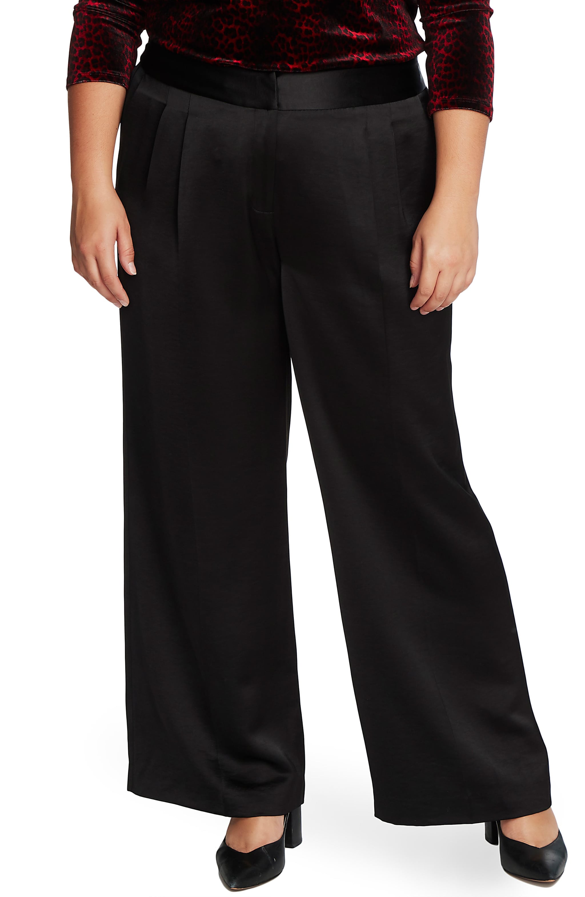 Vince Camuto Wide-Leg Pleated Satin Pants, Rihanna Made Her Sheer Lingerie  Top Restaurant-Ready With Track Pants and Nikes
