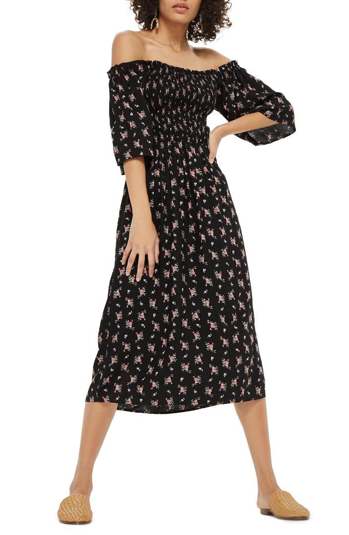 Topshop Shirred Bell Sleeve Midi Dress