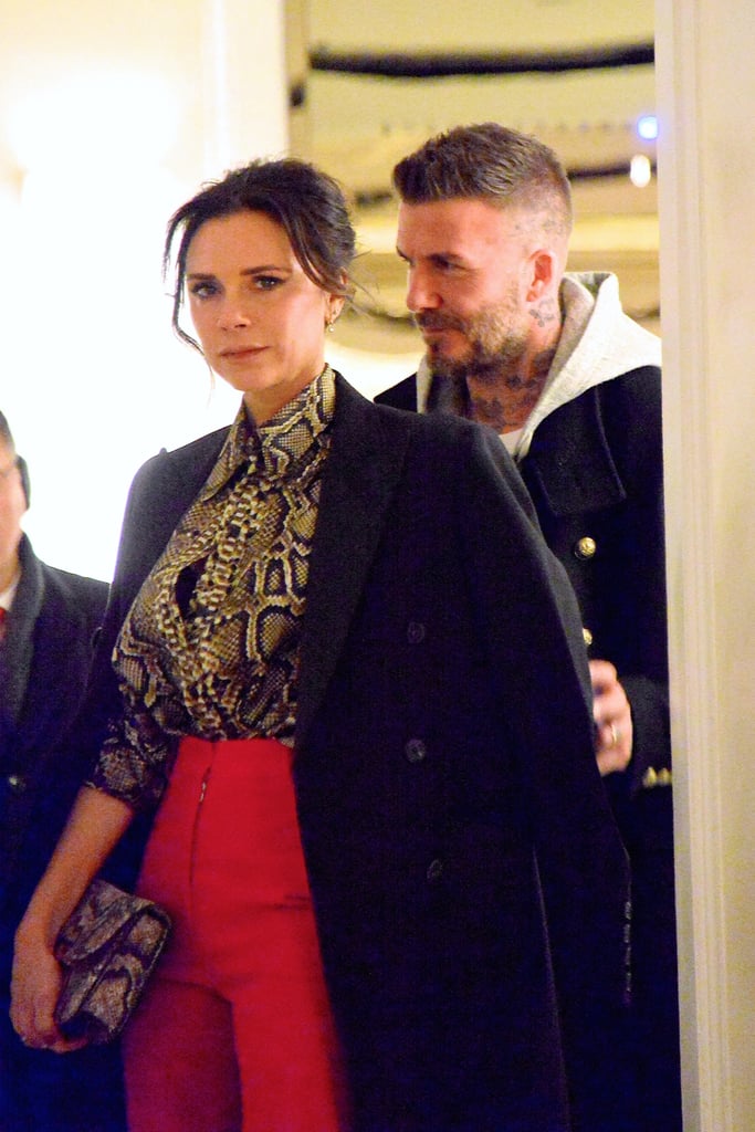 Victoria Beckham Red Pants and Snakeskin Blouse January 2019