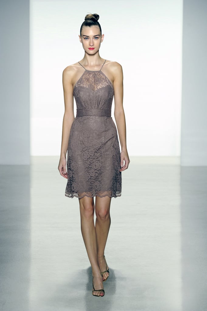 Amsale lace halter knee-length bridesmaid dress in truffle
Photo courtesy of Amsale