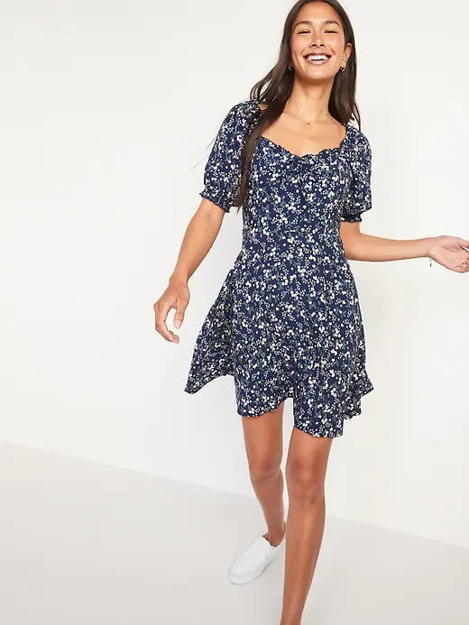 Old Navy Fit and Flare Puff-Sleeve Smocked Floral-Print Mini Dress ...