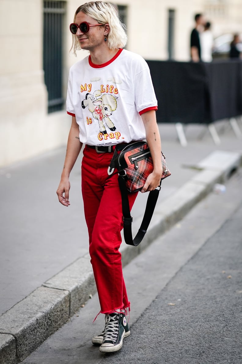 With a T-Shirt and Red Trousers