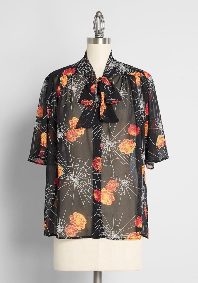 A Spooky Floral Vibe: Blooming Webs Tie-Neck Blouse
