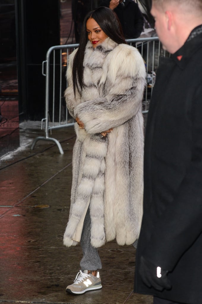 We love that Rihanna rocked sweats and New Balance 574s with a full-length ombré fuzzy coat in 2014.