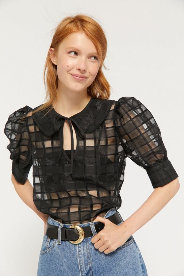 UO Checkered Chiffon Puff Sleeve Blouse