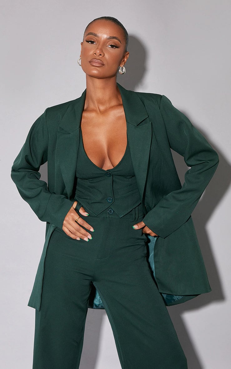 A Green Suit: PrettyLittleThing Woven Oversized Suit Jacket, Belted Suit Vest Top, and Suit Pants