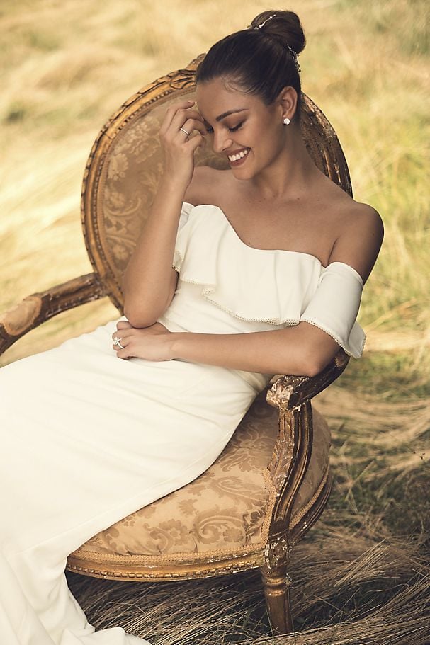 David's bridal off deals the shoulder bridesmaid dress
