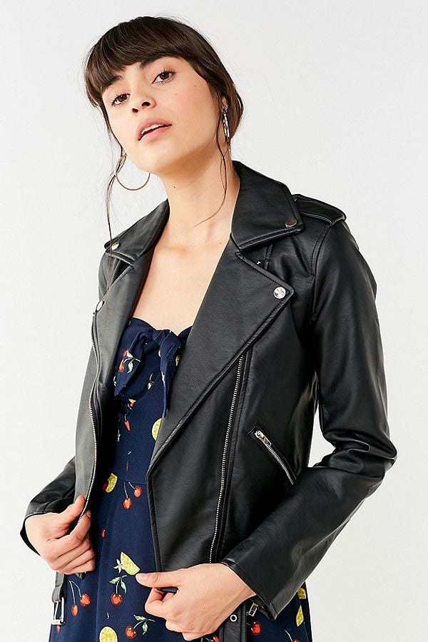 UO Faux Leather Belted Moto Jacket