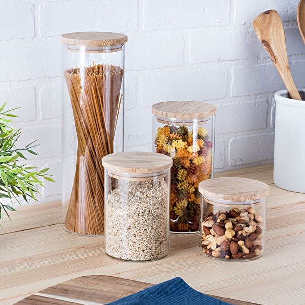 For Home Organisation: Mainstays 4 Pieces Glass Kitchen Canister Set With Bamboo Lids