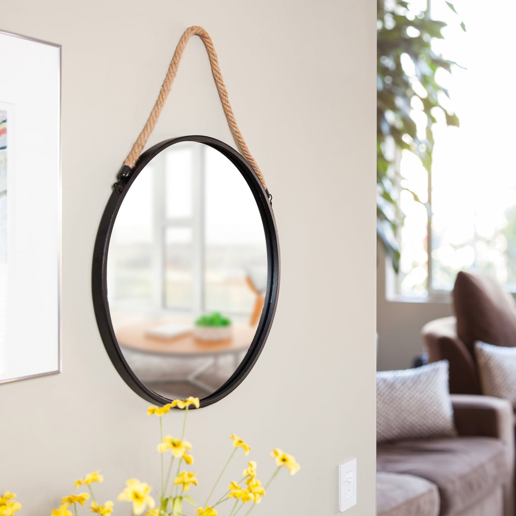Danya B Industrial 20 in. Round Black Wall Mirror with Hanging Rope