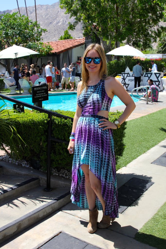 The cool colors of a tie-dye Lovers + Friends dress were highlighted with mirrored sunglasses.