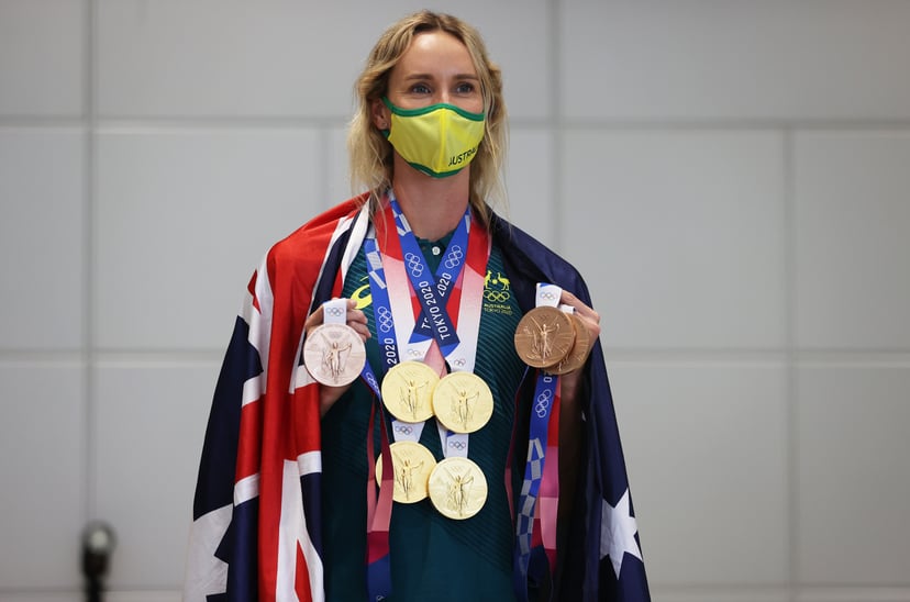 TOKYO, JAPAN - AUGUST 02: Emma McKeon of Team Australia poses for a photo with her seven Olympics medals after the Australian Swimming Medallist press conference on day ten of the Tokyo Olympic Games on August 02, 2021 in Tokyo, Japan. (Photo by James Cha