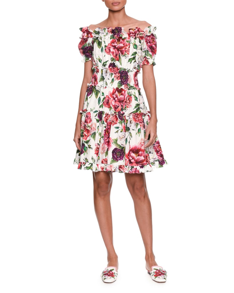 Dolce & Gabbana Off-the-Shoulder Short-Sleeve Rose- & Peony-Print Cotton Poplin Dress