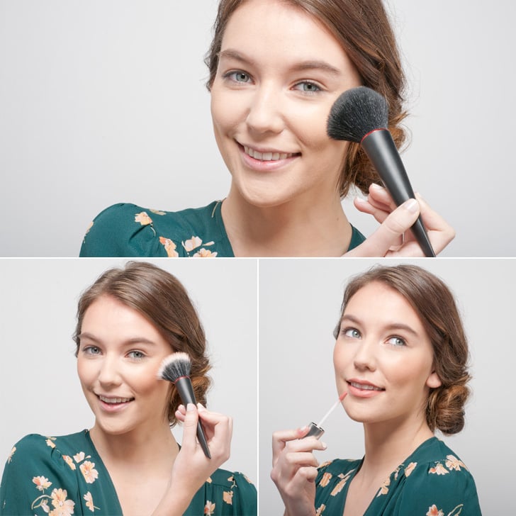 Next, swipe on a finishing powder to set the look.
Add a few light strokes of a highlighting bronzer or blush to accentuate the cheekbones.
Finish off with a matte yet moisturizing lip color.