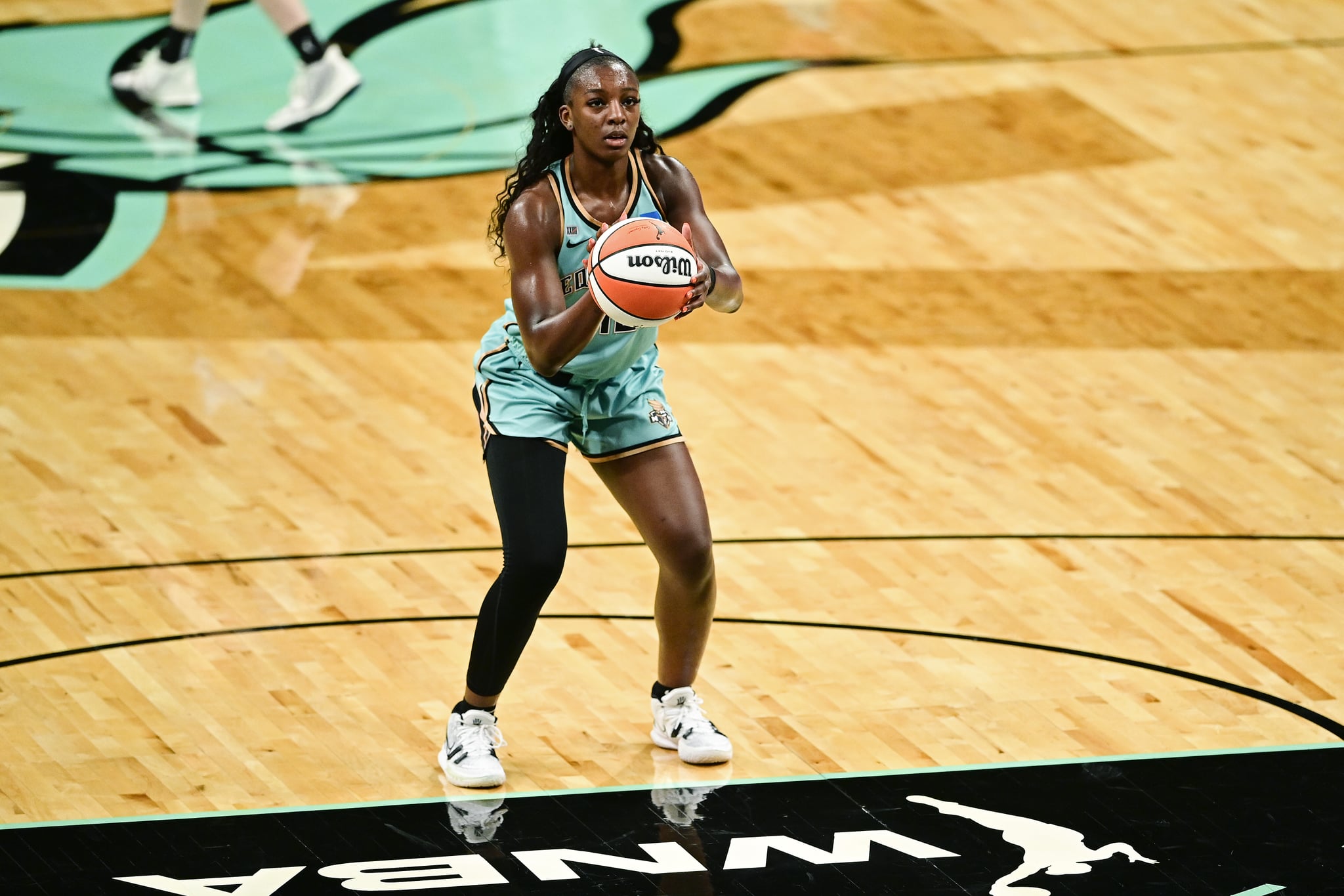 NEW YORK, NEW YORK - JUNE 24:  Michaela Onyenwere #12 of the New York Liberty attempts a free throw against the Chicago Sky at Barclays Centre on June 24, 2021 in New York City. (Photo by Steven Ryan/Getty Images)