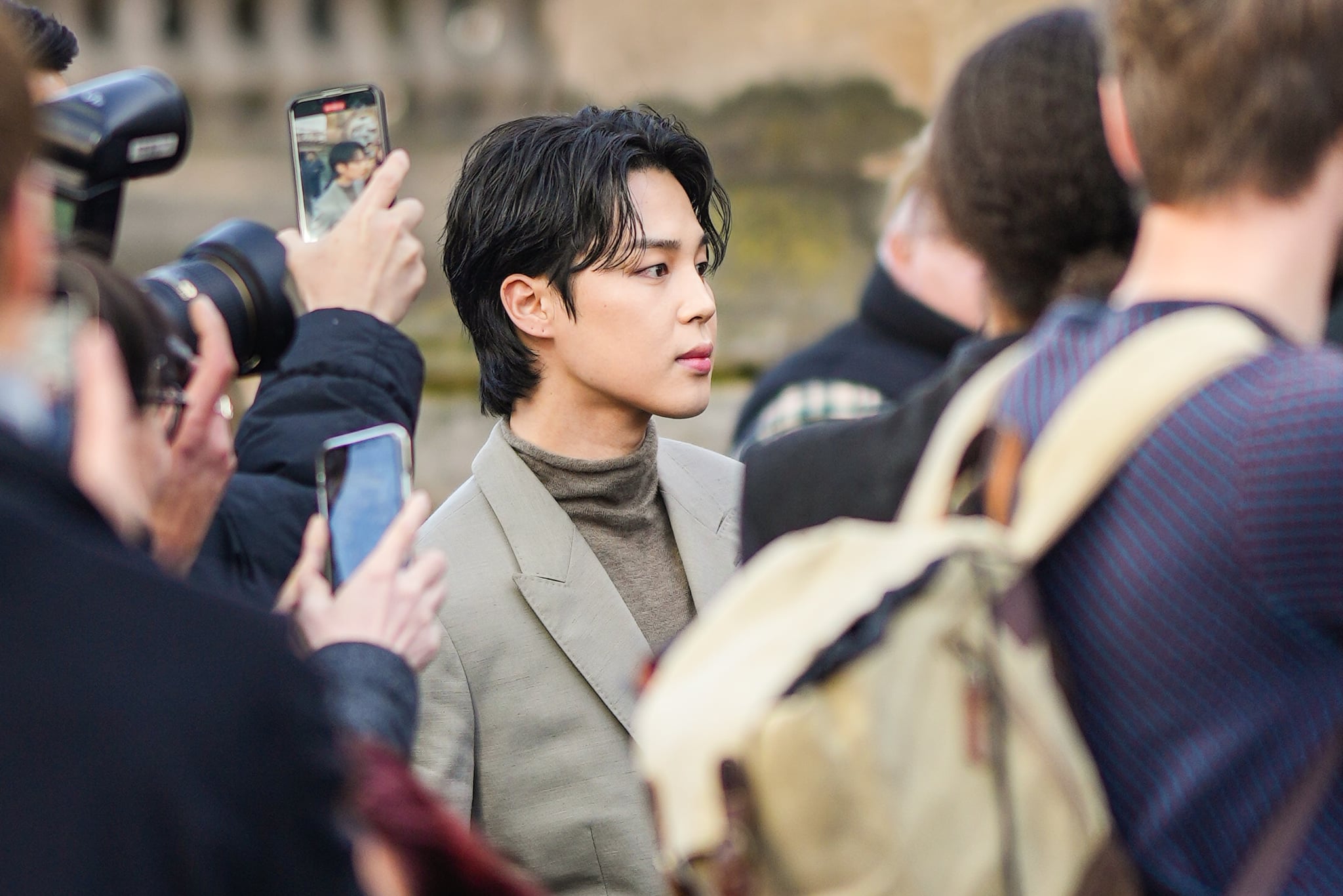 PARIS, FRANCE - JANUARY 20: Jimin of BTS is seen outside Dior, during the Paris Fashion Week - Menswear Fall Winter 2023 2024 : Day Four on January 20, 2023 in Paris, France. (Photo by Edward Berthelot/Getty Images)