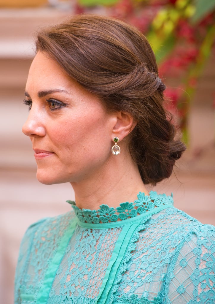 For lunch with the Indian prime minister, Kate wore a new pair of Kiki McDonough earrings made of green tourmalines, green amethysts, and diamonds, which cost $4,985. They were made specially for Kate and are said to have been a gift to celebrate the birth of Princess Charlotte. The most likely gift-giver would of course be Prince William.
