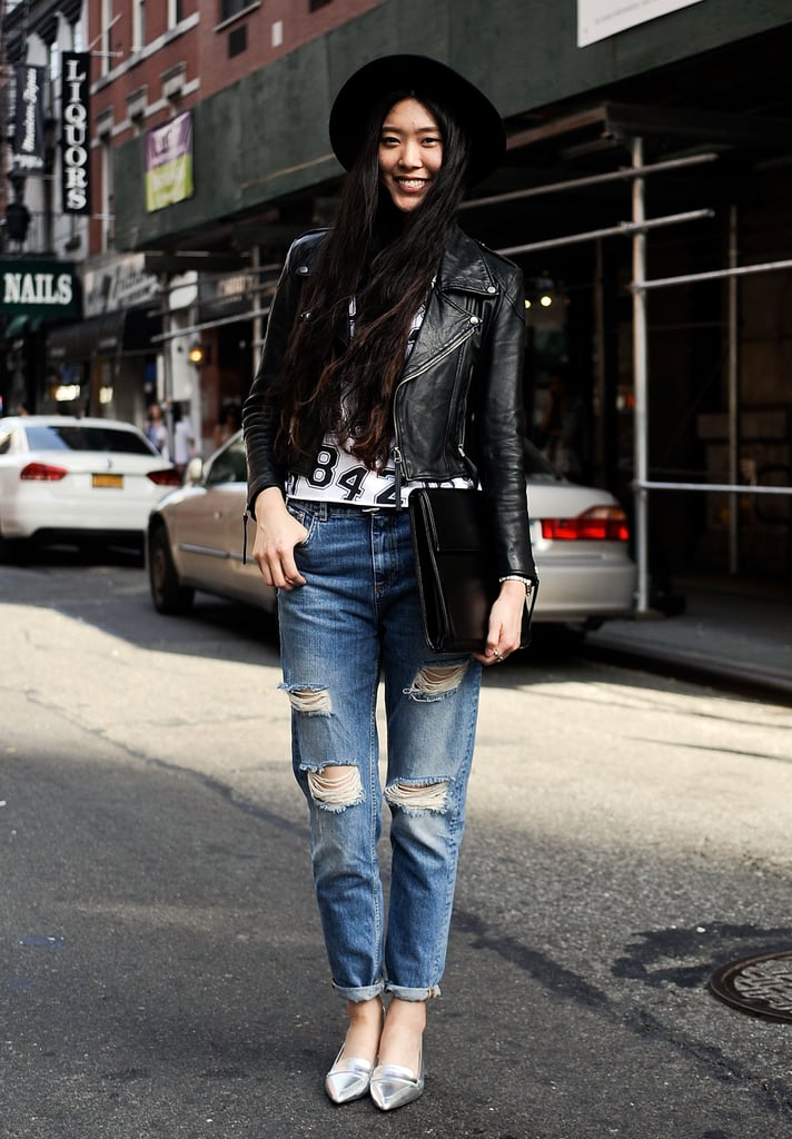 Elevate your favorite jeans with a few black accessories for an edgy look that leaves you feeling NYC-chic. And a wide-brimmed black hat is a funky topper.