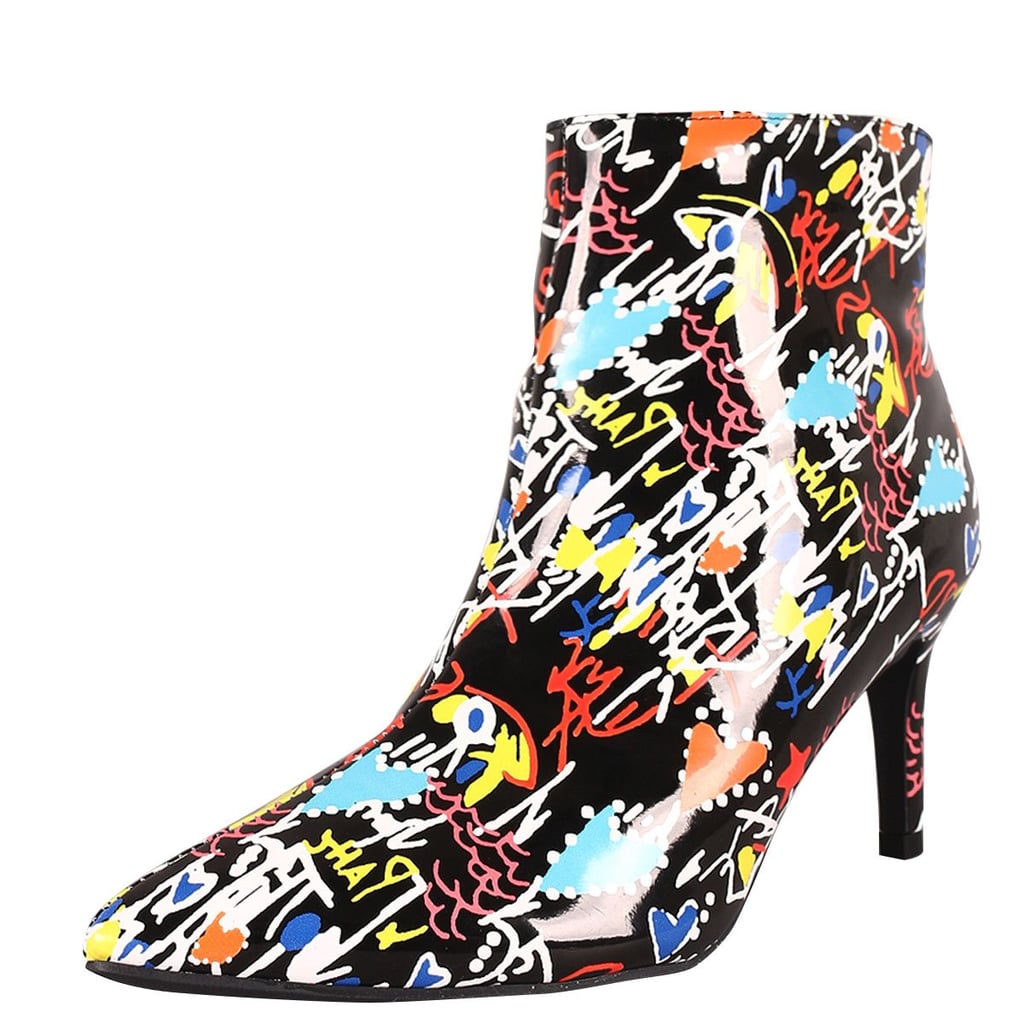 Bamboo Pointy Toe Graffiti Doodle Ankle Booties