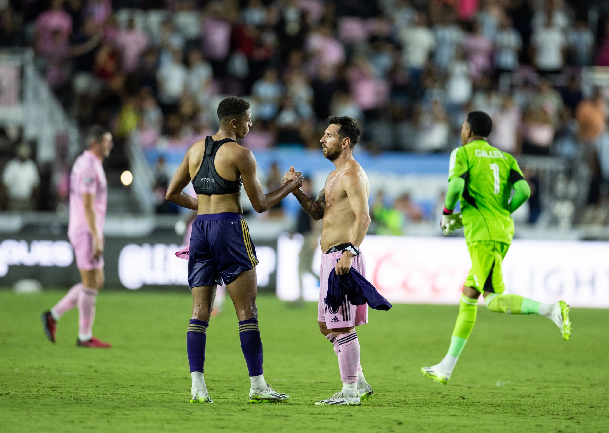 FORT LAUDERDALE, FLORIDA - AUGUST 02:  Lionel Messi of Inter Miami CF  swaps shirts with Rafael Santos (Orlando City SC) after the finish of the Leagues Cup 2023 match against Orlando City SC (1) and Inter Miami CF (3) at the DRV PNK Stadium on August 2nd, 2023 in Fort Lauderdale, Florida. (Photo by Simon Bruty/Anychance/Getty Images)