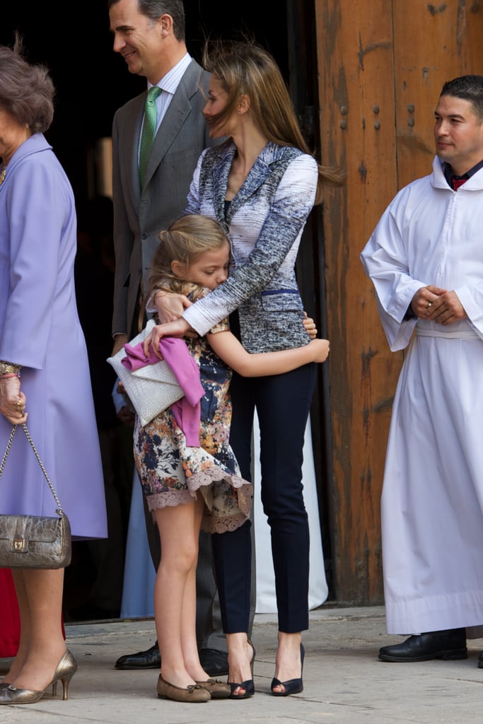 Princess Sofia gave Letizia a hug after Easter Mass in Palma de Mallorca, Spain, in April 2014.