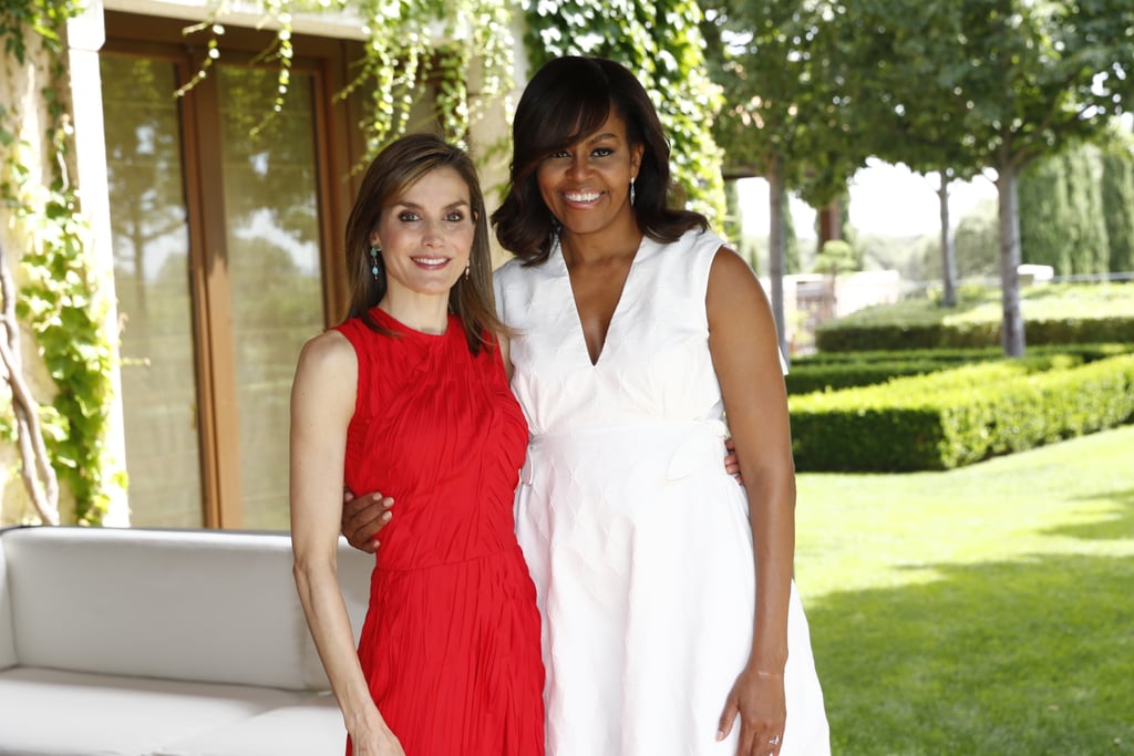 Queen Letizia and First Lady Michelle Obama at the Zarzuela Palace in Madrid, Spain.