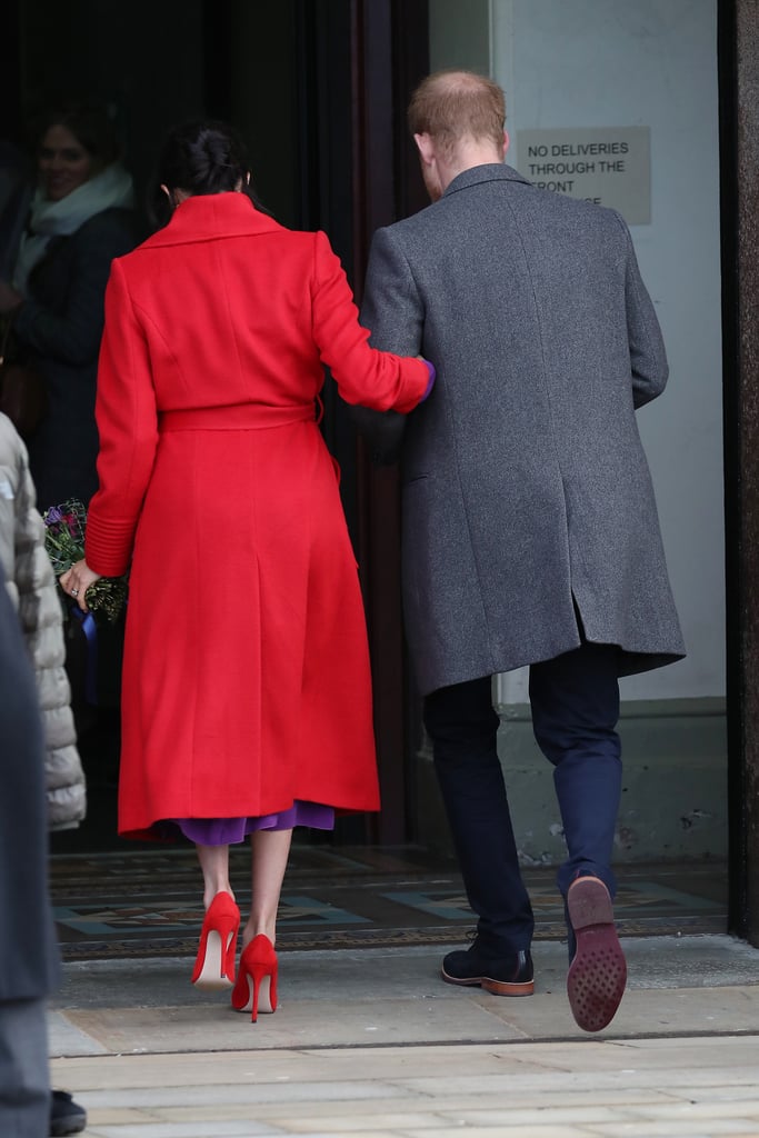 Meghan Markle Red and Purple Outfit Birkenhead January 2018