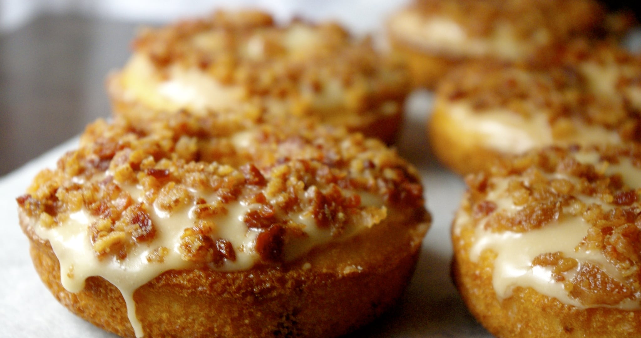 Cheddar Onion Doughnut with Maple Glaze and Bacon