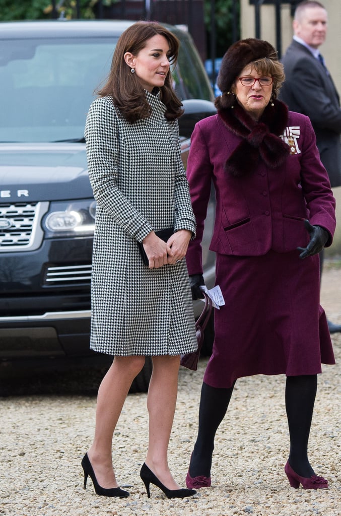 Kate Middleton Wearing Houndstooth Coat and Blue Dress | POPSUGAR ...