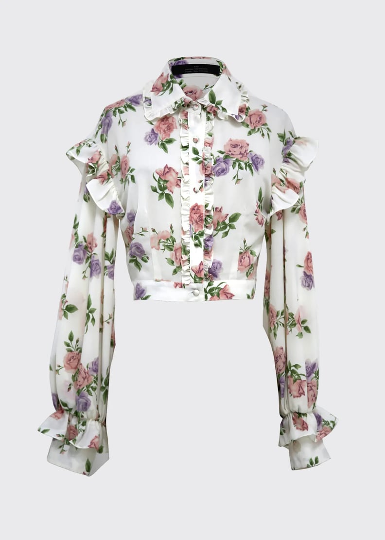 Rokh Floral-Print Ruffle Button-Front Crop Top