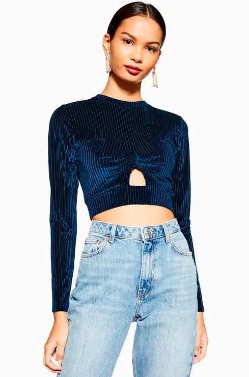 Topshop Blue Cut Out Long Sleeve Ribbed Velvet Top