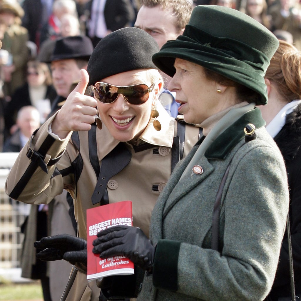 Zara gave a thumbs-up as she watched a horse race with her mom, Anne, Princess Royal, in March of 2012.