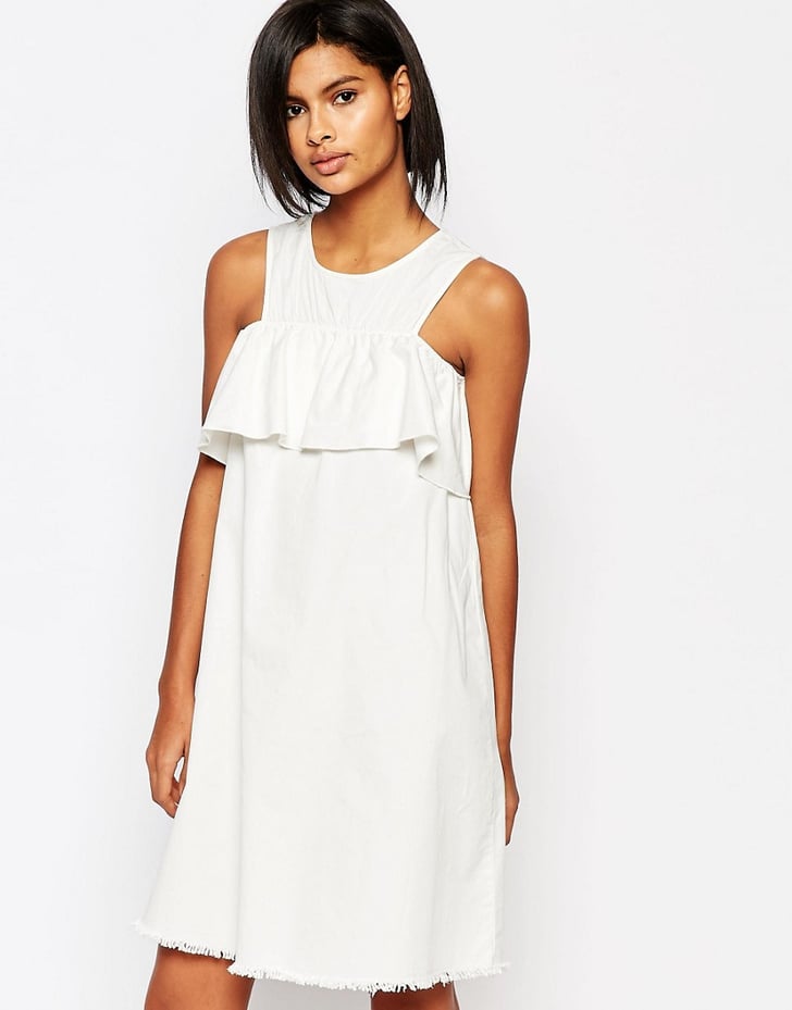 dreaming out loud bardot ruffle mini dress in oyster white