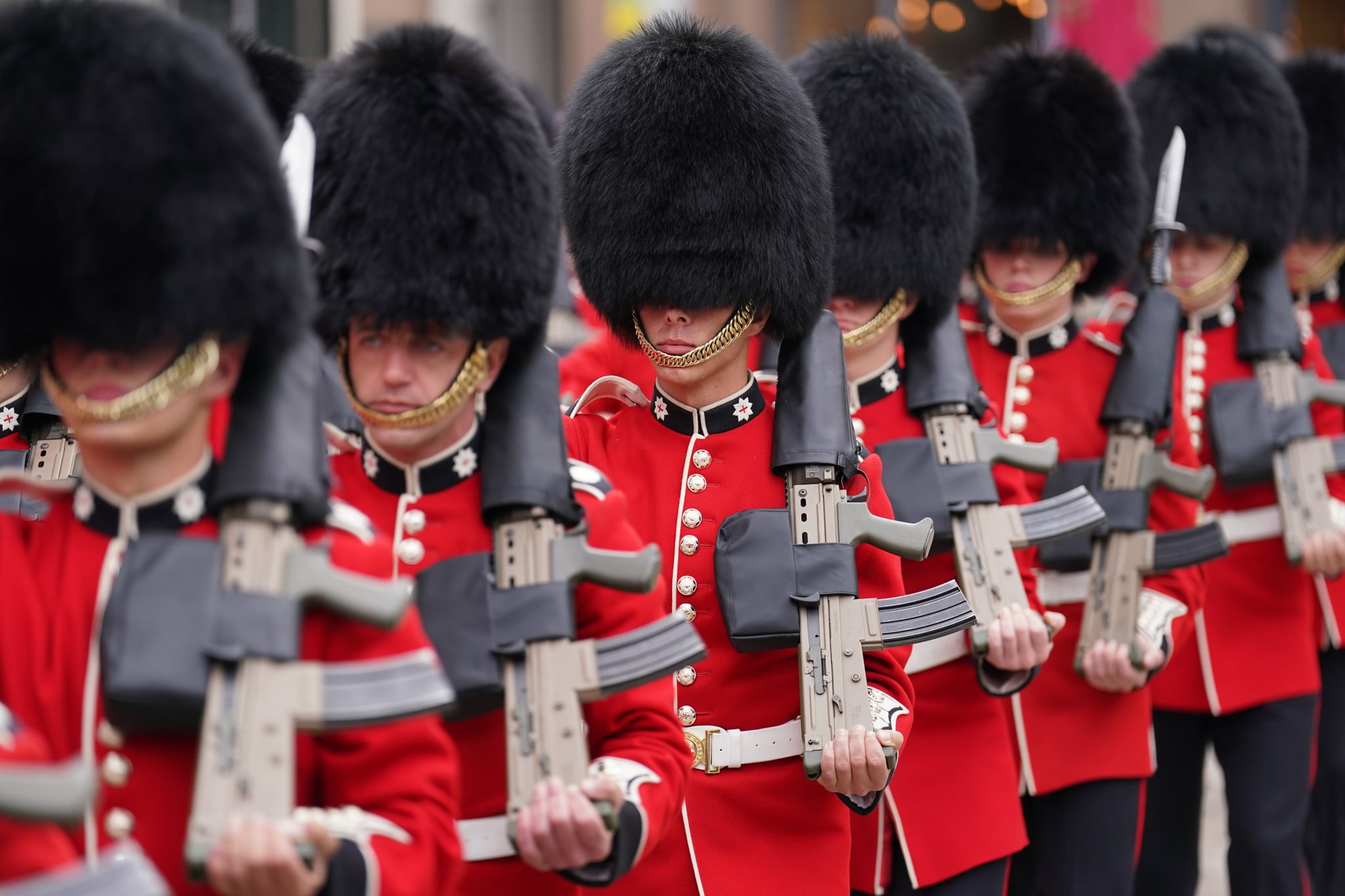 LONDON, ENGLAND - JUNE 03: The Coldstream Guards march at the National Service of Thanksgiving to Celebrate the Platinum Jubilee of Her Majesty The Queen at St Paul's Cathedral on June 3, 2022 in London, England. The Platinum Jubilee of Elizabeth II is being celebrated from June 2 to June 5, 2022, in the UK and Commonwealth to mark the 70th anniversary of the accession of Queen Elizabeth II on 6 February 1952. (Photo by Kirsty O'Connor - WPA Pool/Getty Images)