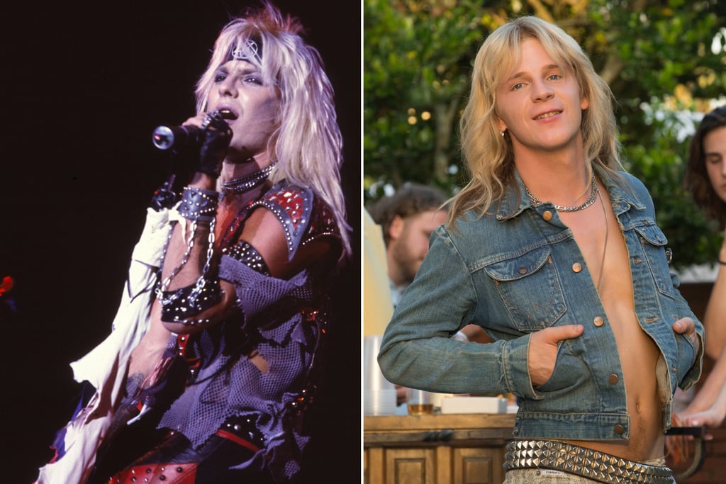 Vince Neil in 1983 and Daniel Webber in The Dirt