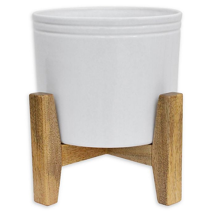 Muir Glossy White Planter With Mango Wood Stand