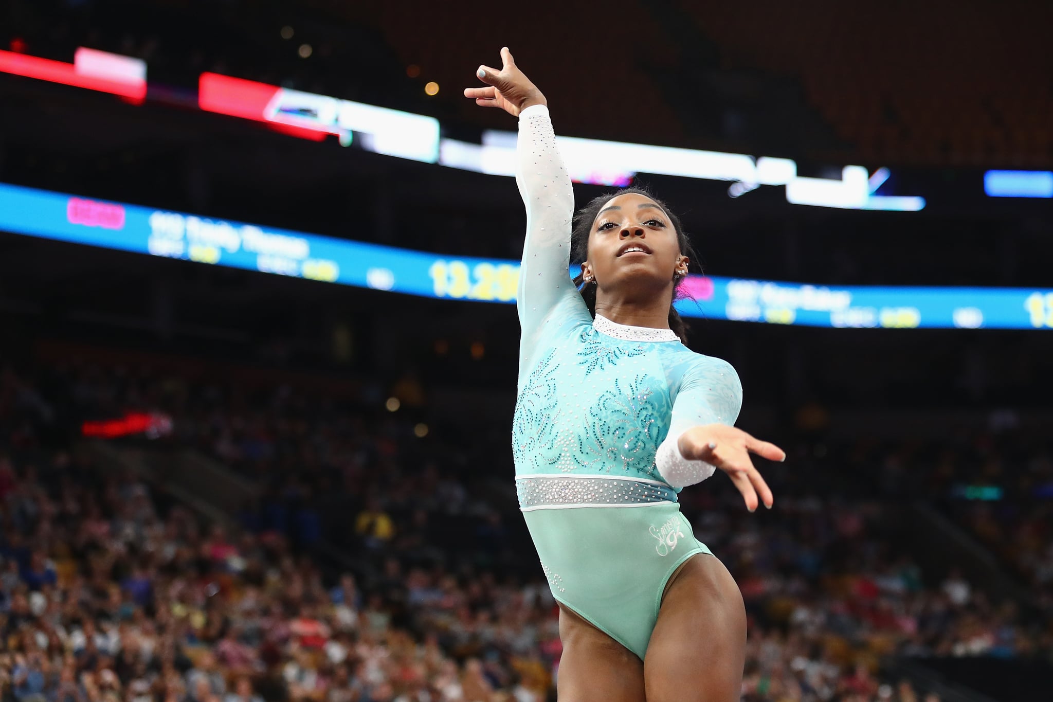 BOSTON, MA - AUGUST 19:  Simone Biles performs her floor exercise during day four of the U.S. Gymnastics Championships 2018 at TD Garden on August 19, 2018 in Boston, Massachusetts.  (Photo by Tim Bradbury/Getty Images)