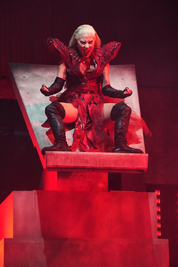 Lady Gaga Chromatica Ball Tour Outfits: Red Silk and Chiffon Gown