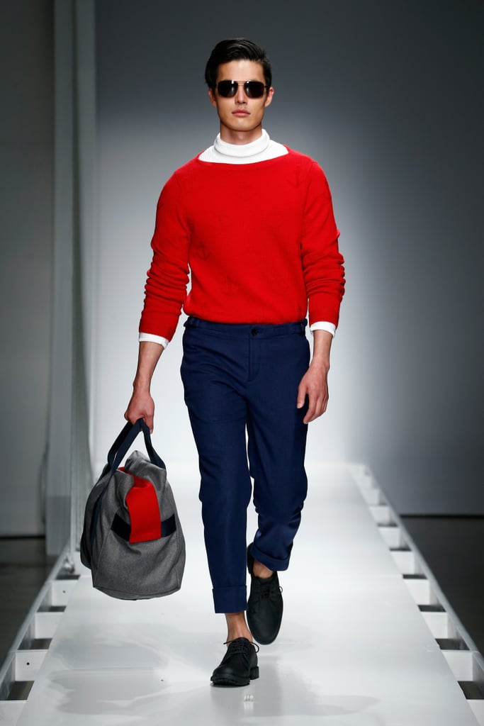 And This Red Sweater and Navy Tailored Pants Pairing