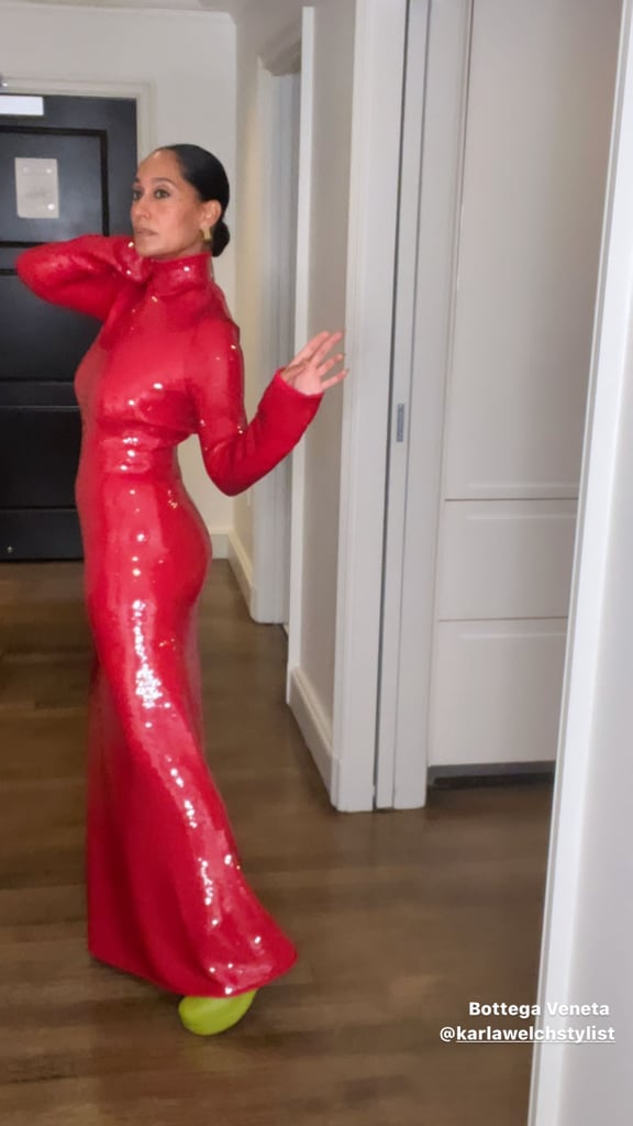Tracee Ellis Ross Wears a Red Sequinned Bottega Veneta Dress