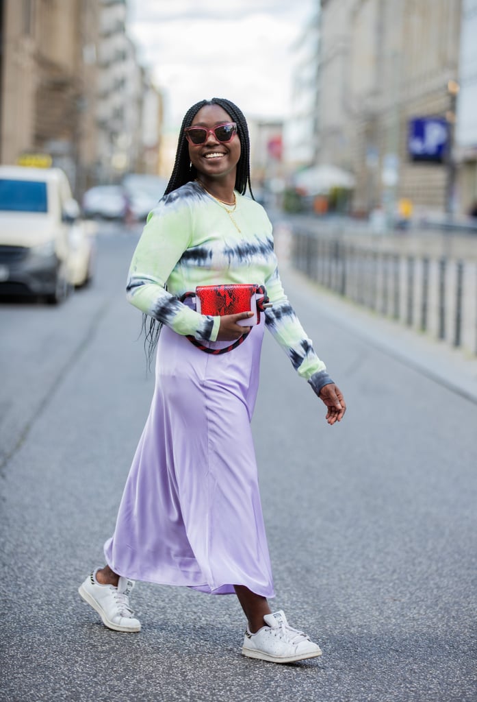 Pair a Satin Skirt with a Fitted Tie-Dye Jumper