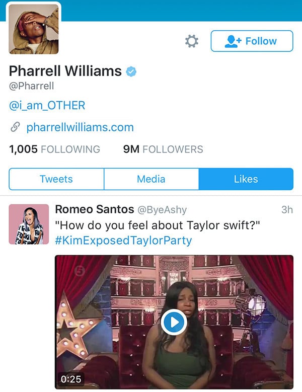 8:31 p.m. — Pharrell Williams "Liked" a Particularly Brutal Anti-Taylor Tweet 8:31 p.m. — Pharrell Williams "Liked" a Particularly Brutal Anti-Taylor Tweet