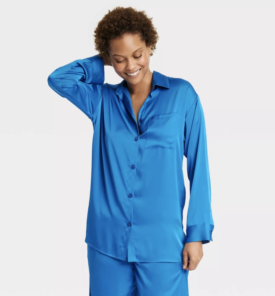 Stars Above Satin Long-Sleeve Button-Down Pajama Shirt