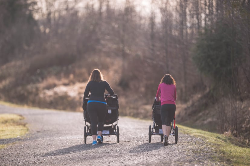 Two mothers push their young children in strollers outside. They're on a pedestrian path surrounded by trees. They are side by side and talking while they get some fresh air and exercise. The shot is from behind.