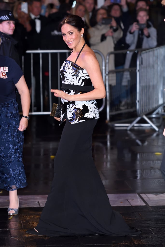Meghan tried a halter-style top on for size in Safiyaa at the 2018 Royal Variety Performance.