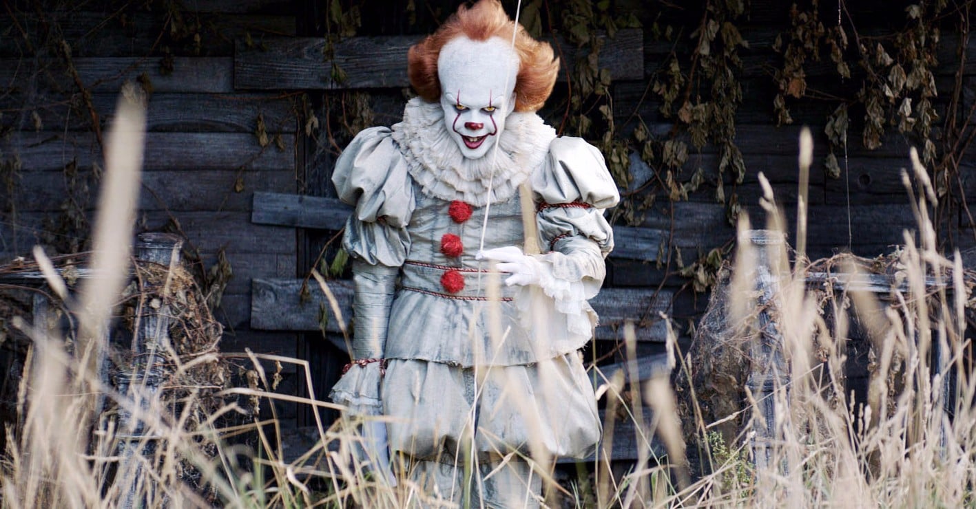 Creepy female clown from IT, costume dress, long sleeves, pom pom