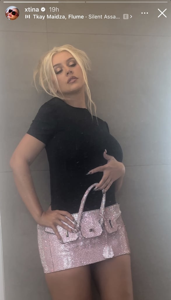 Christina Aguilera Wears a Pink Sparkly Handbag Miniskirt