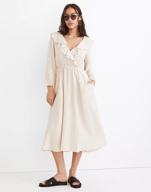 A White Dress: Madewell Linen-Cotton Ruffle-Neck Midi Dress