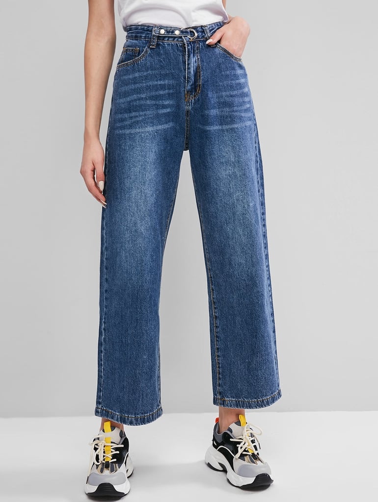 Zaful Snap Button Grommet High Waisted Wide Leg Jeans Cute Cheap