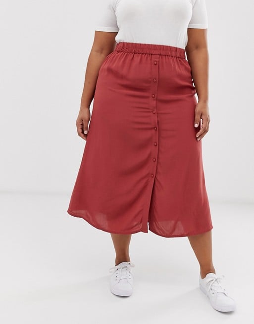 Vero Moda Curve Aware Midi Skirt With Button Through in Washed Red